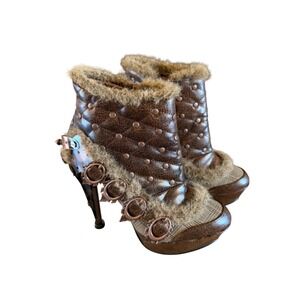 Hades Steampunk Crow Brown Quilted Faux Fur Gear Spike Platform Ankle‎ Boots